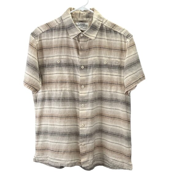 REI Button Up Shirt M Men Organic Cotton Hemp Striped Short Sleeve Tan Beige - Picture 1 of 6